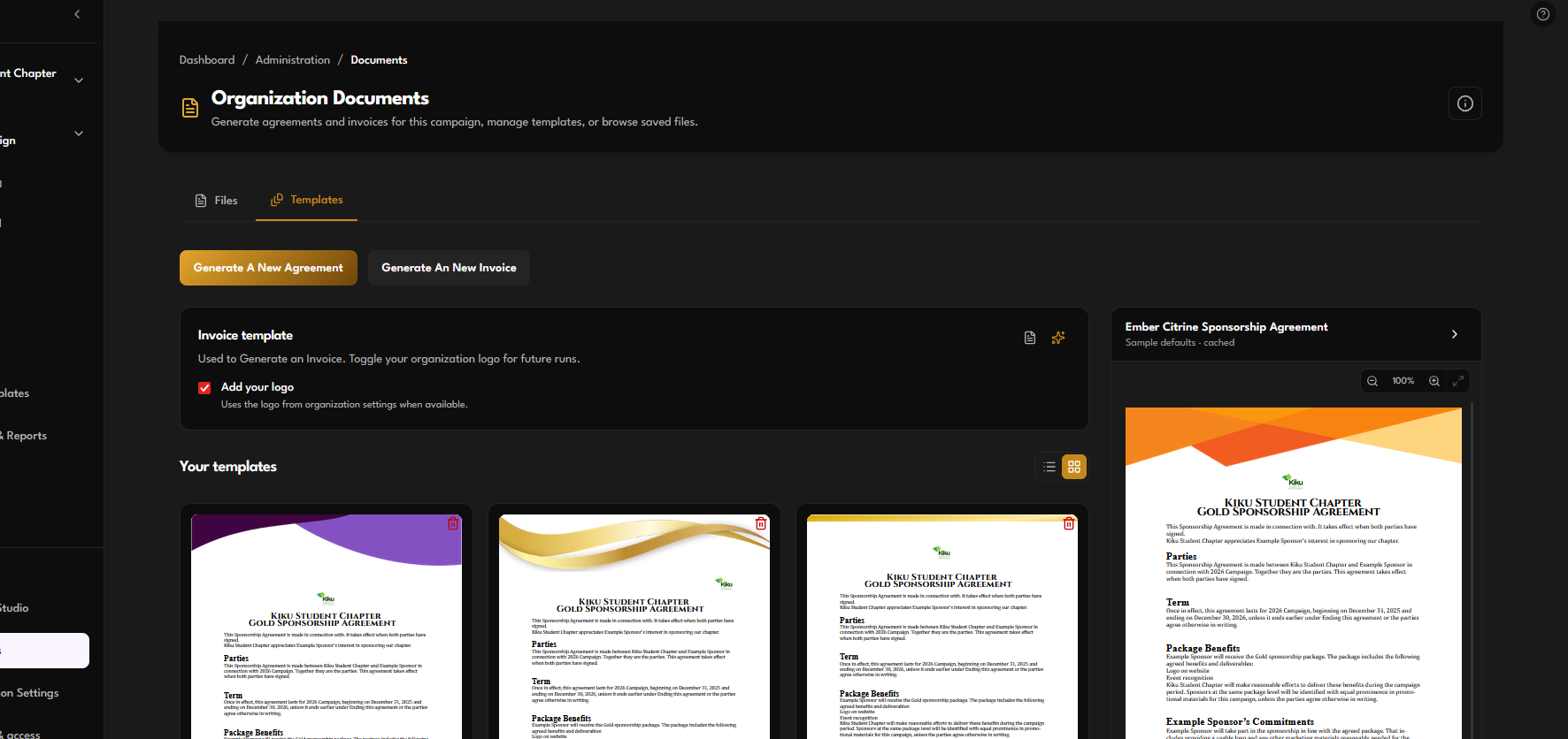 Documents Templates tab with a layout selected and the side preview open