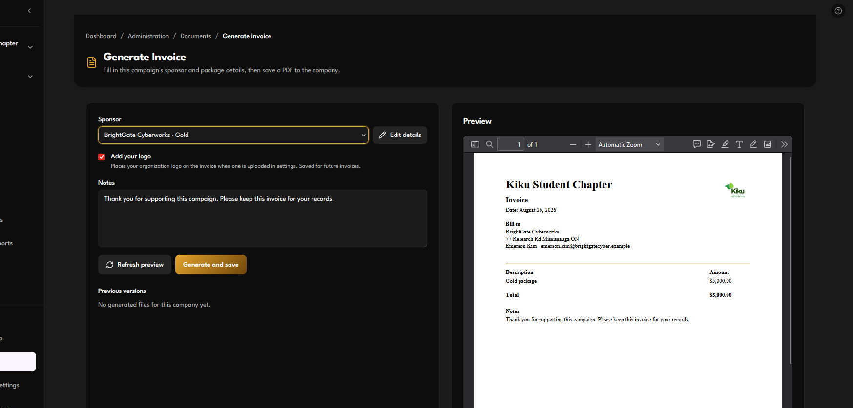 Generate invoice with a filled preview