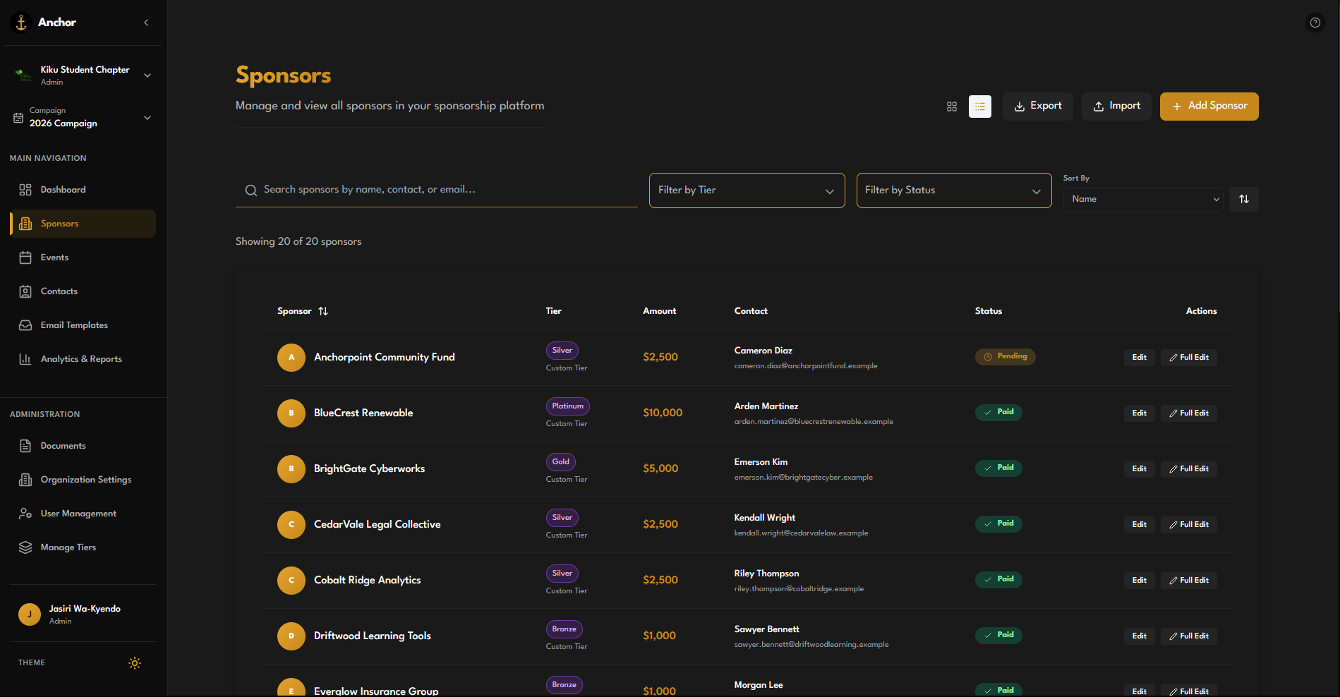 Anchor screenshot for: Track Sponsors, Commitments & Payments